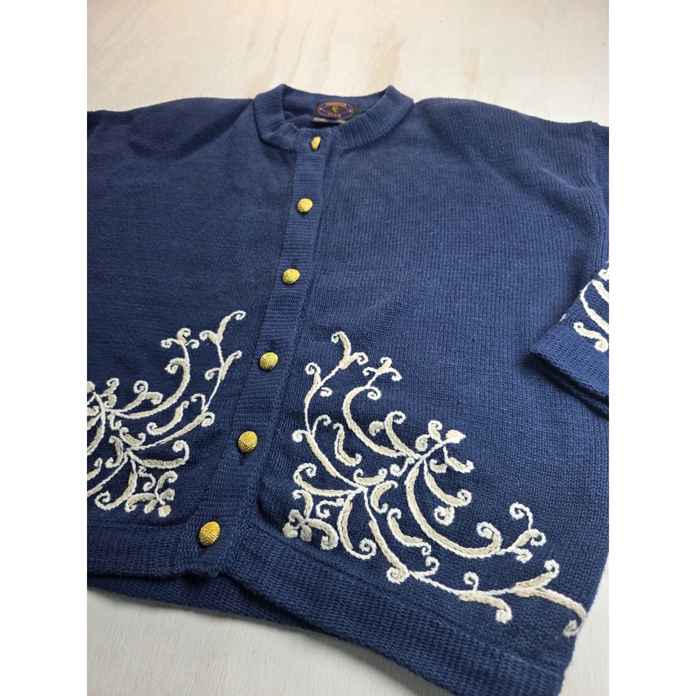 Charter Club Vintage Navy Blue Hand Embroidered Cardigan Sweater Gold Buttons S
